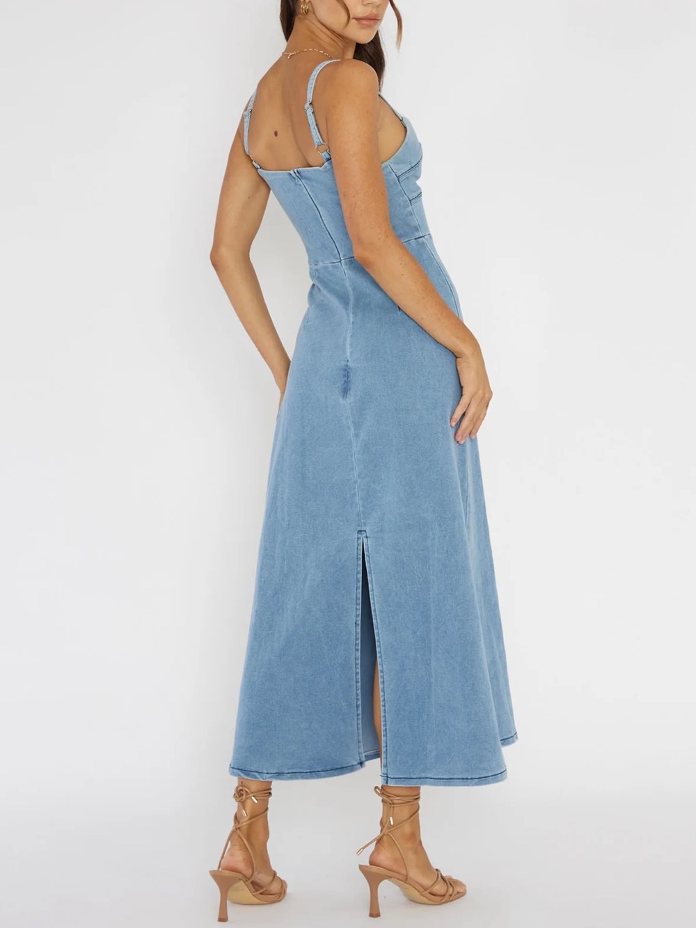 Selfie Leslie Here Comes The Sun Light Blue Denim Maxi Dress size Small NWT - Picture 5 of 16